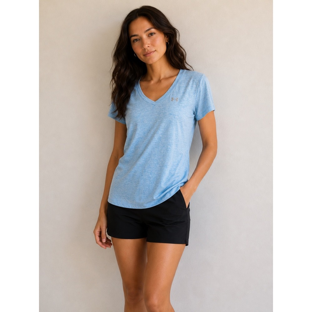 Under Armour Womens HeatGear Loose Fit V-Neck T-Shirt Blue Heather Large